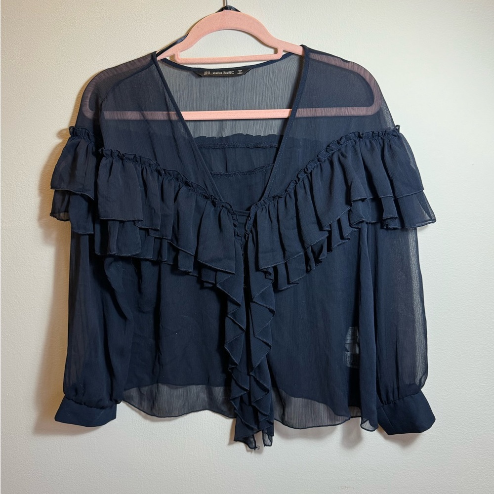 Zara navy blue sheer blouse with frills and ruffles - Picture 6 of 8